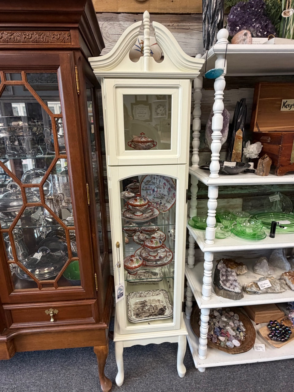 Vintage Refinished Curio Cabinet, Curved Pediment — Two-Door Glass Display
