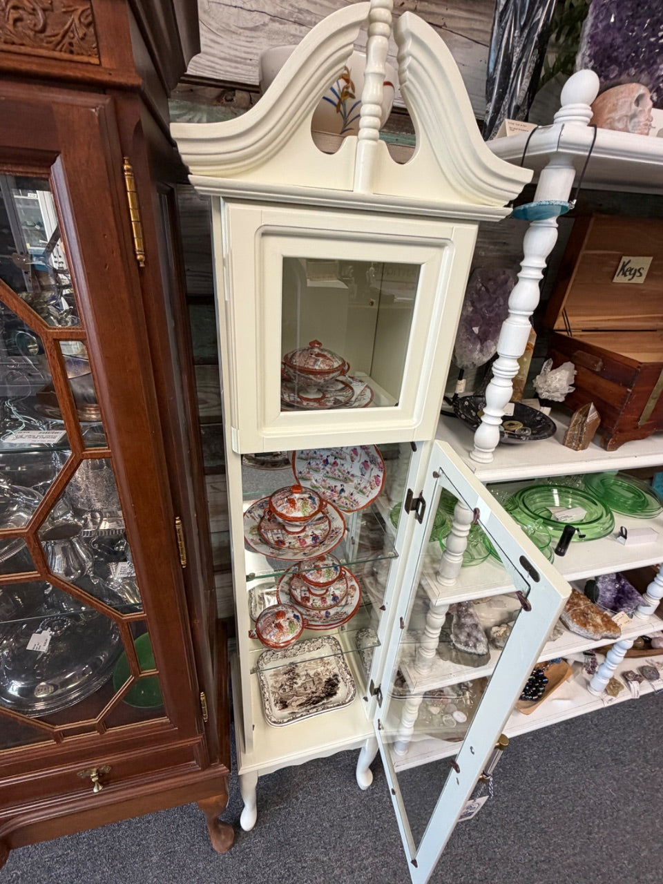 Vintage Refinished Curio Cabinet, Curved Pediment — Two-Door Glass Display
