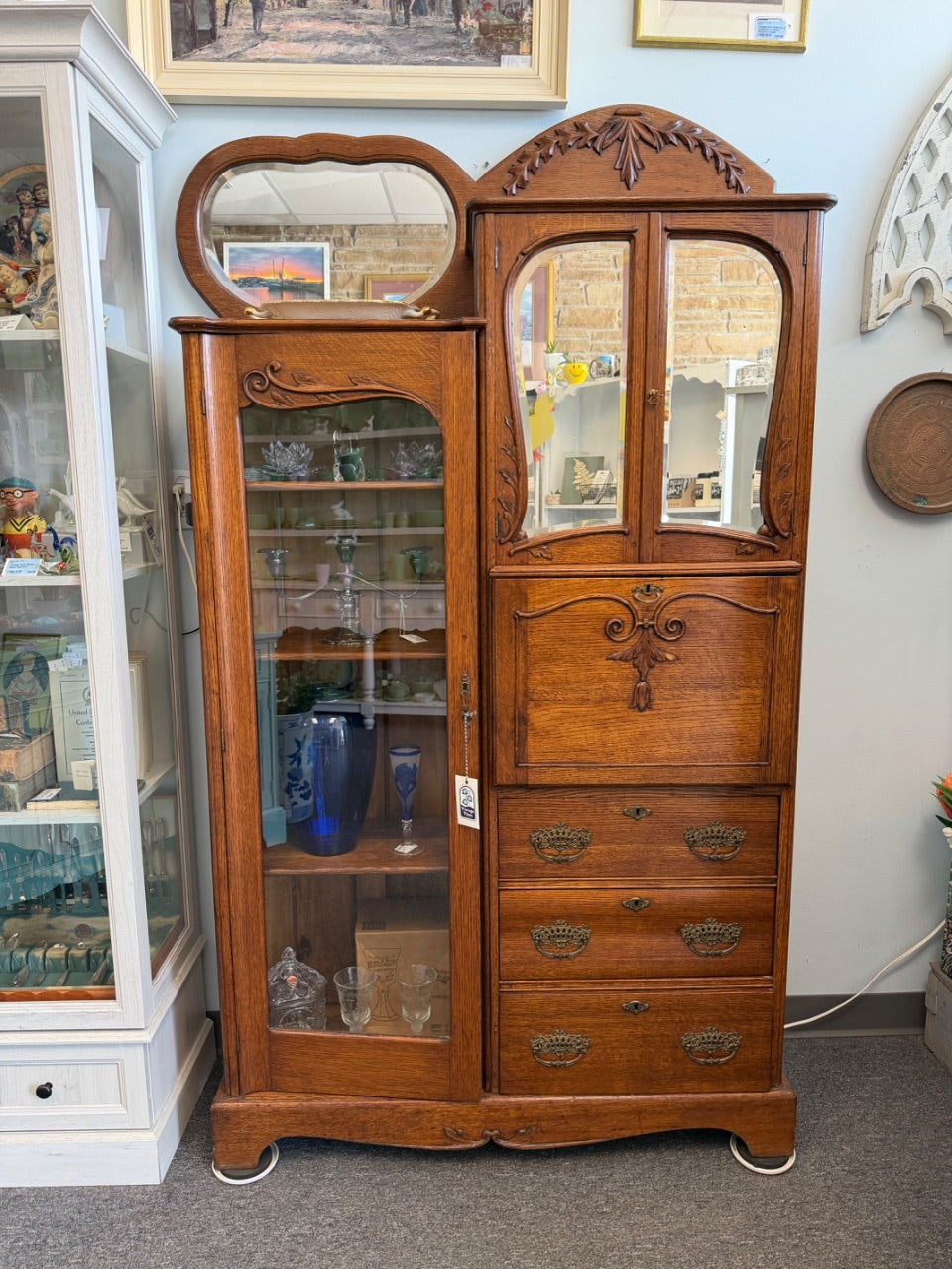 Early 20th Century Oak Secretary Cabinet, Carved Crest — Display & Desk Combo
