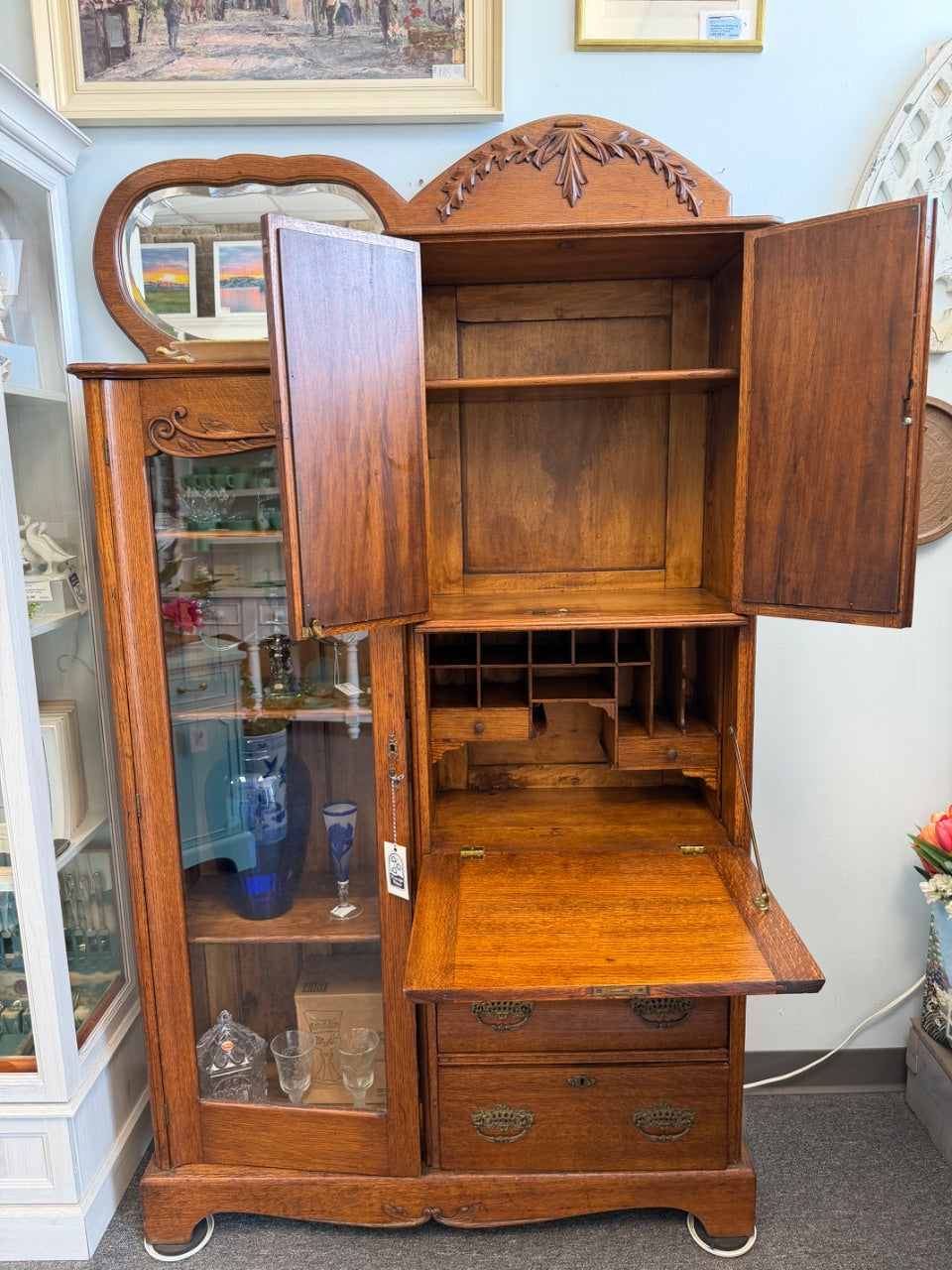 Early 20th Century Oak Secretary Cabinet, Carved Crest — Display & Desk Combo