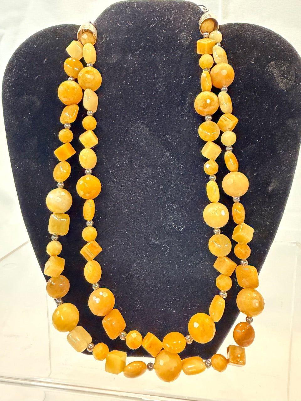 Yellow Jade Beaded Necklace, Sterling Silver Clasp — 20 in