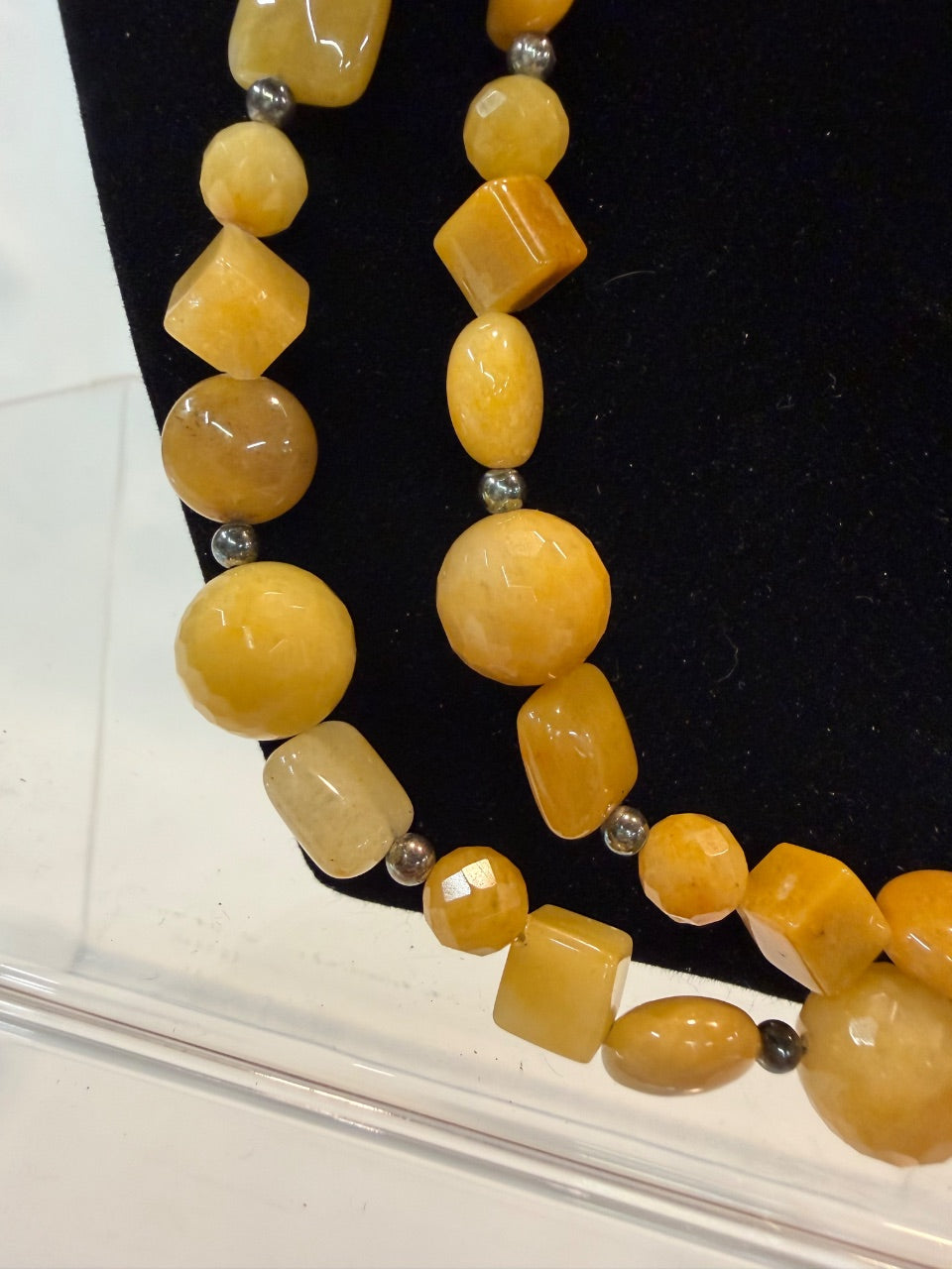 Yellow Jade Beaded Necklace, Sterling Silver Clasp — 20 in