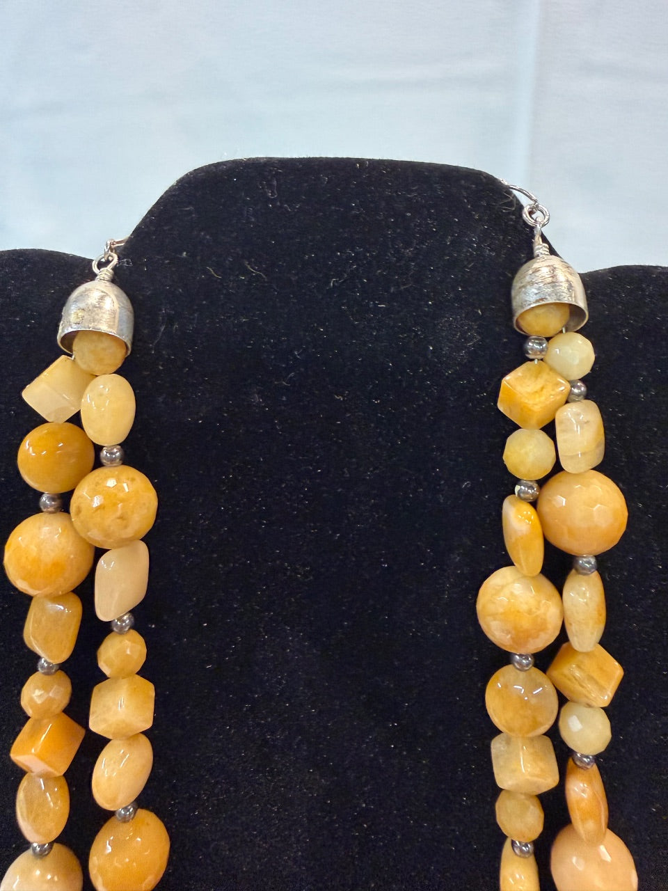 Yellow Jade Beaded Necklace, Sterling Silver Clasp — 20 in