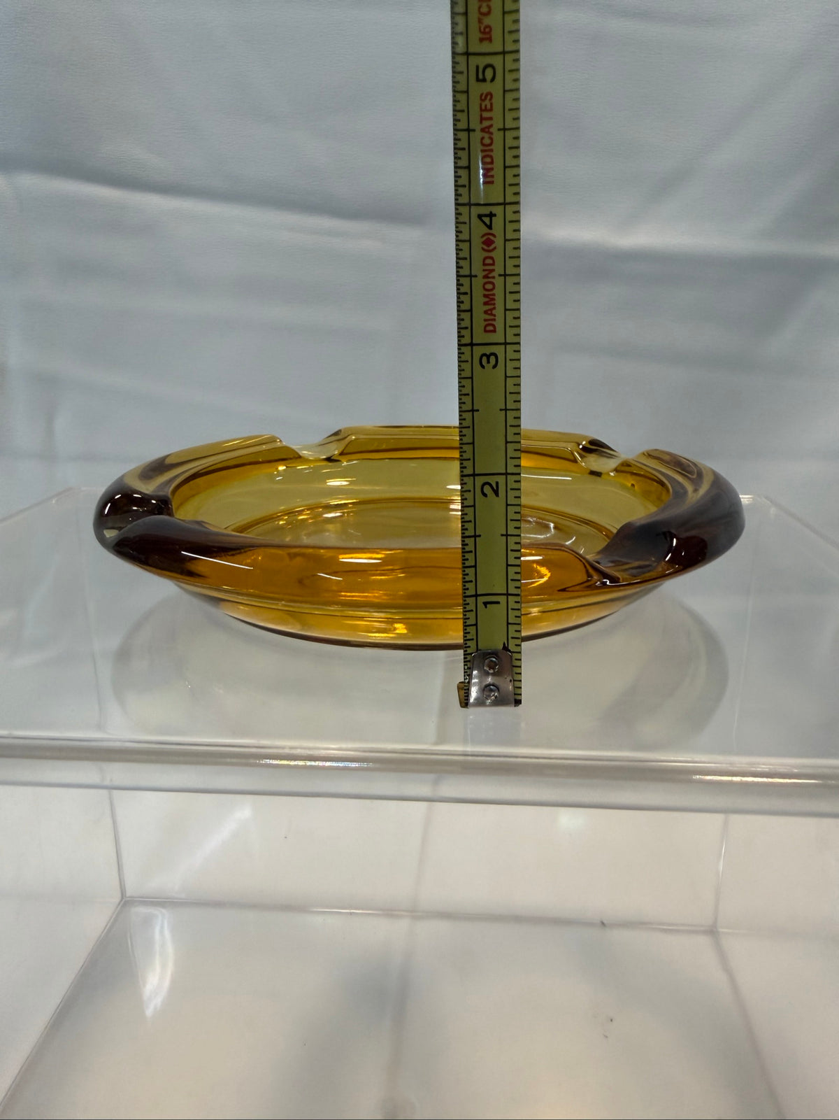 Mid-Century Modern Amber Glass Ashtray, Four Cigar Slots — 8 inches