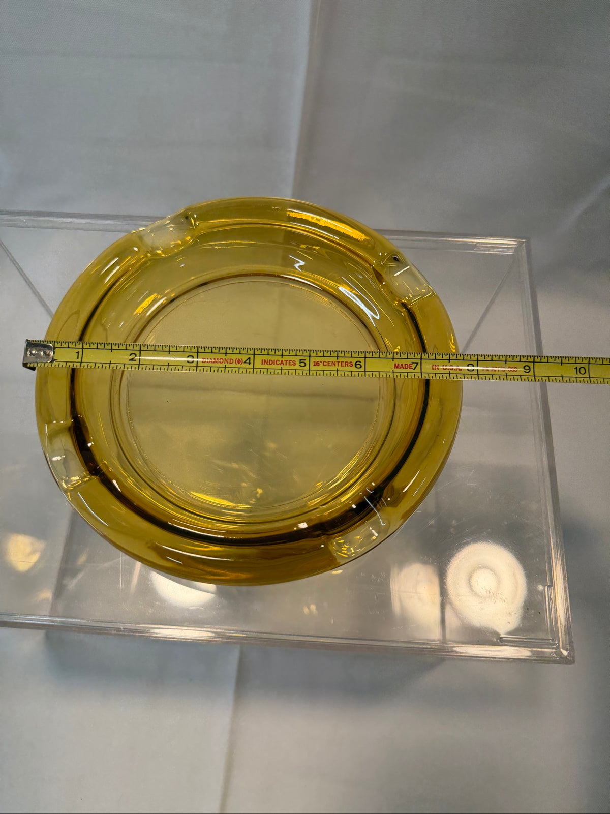 Mid-Century Modern Amber Glass Ashtray, Four Cigar Slots — 8 inches