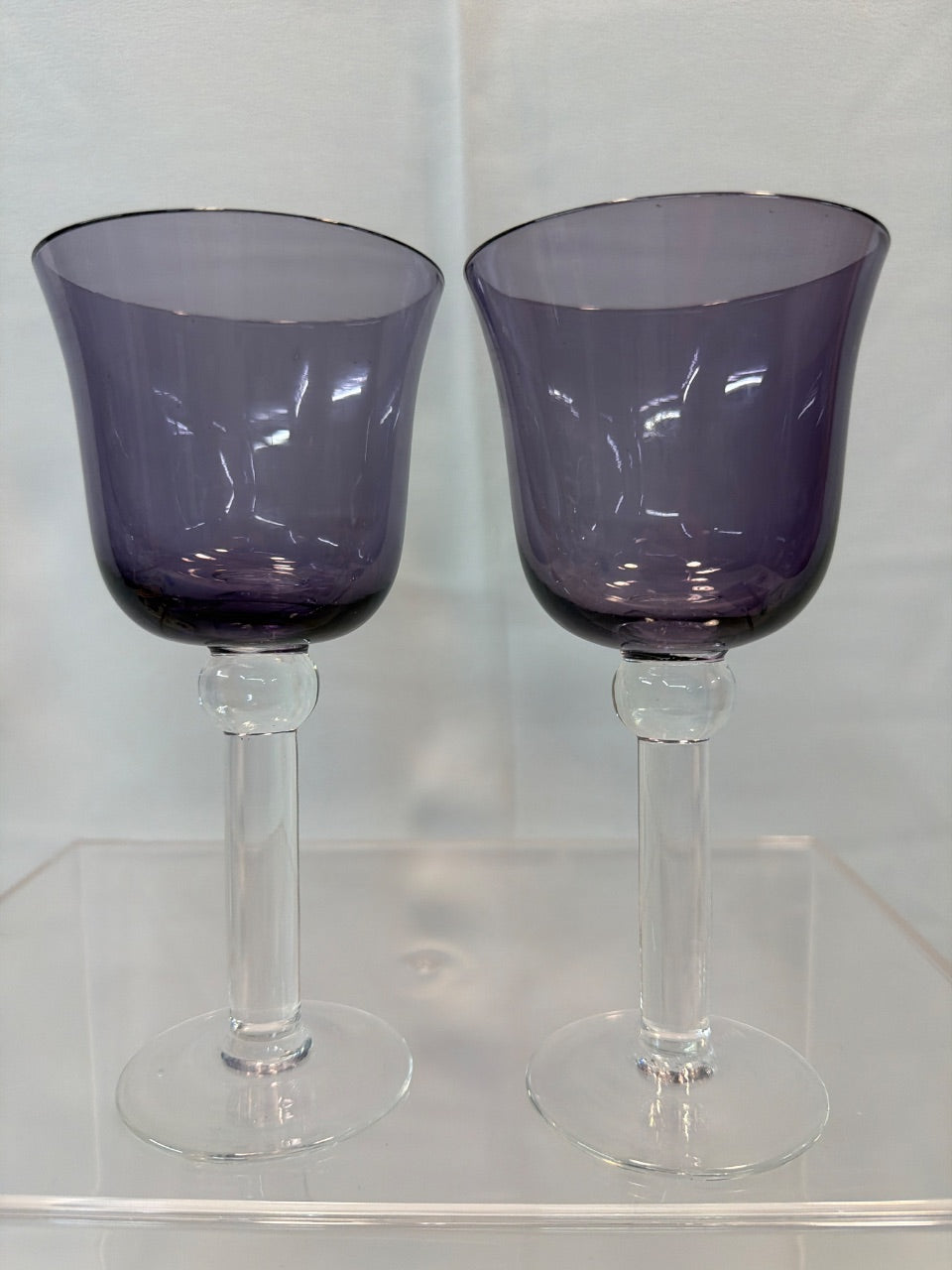 Mid-Century Amethyst Glass Goblets, Clear Stem — Pair