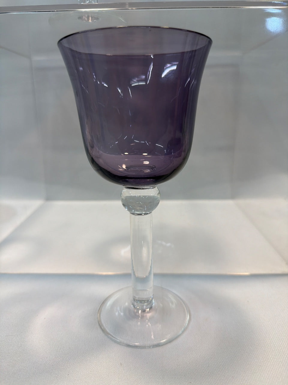 Mid-Century Amethyst Glass Goblets, Clear Stem — Pair