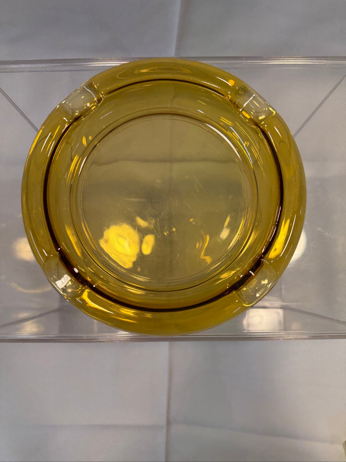 Mid-Century Modern Amber Glass Ashtray, Four Cigar Slots — 8 inches